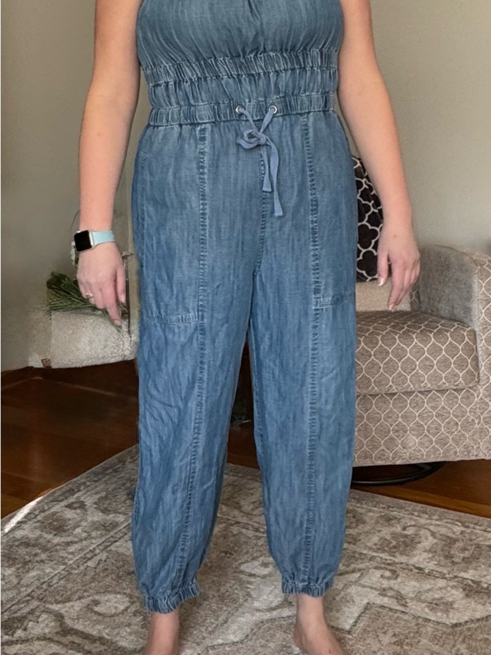 Elan Light Blue Shiloh Denim Jumpsuit with Drawstring Waist XL - Picture 3 of 10